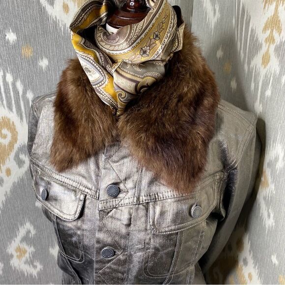 Ralph Lauren Black Label Denim Shearling Trimmed Metallic Coated Trucker Jacket - Picture 7 of 16